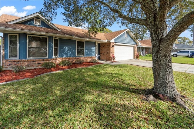 ranch-style house with a front yard and a garage