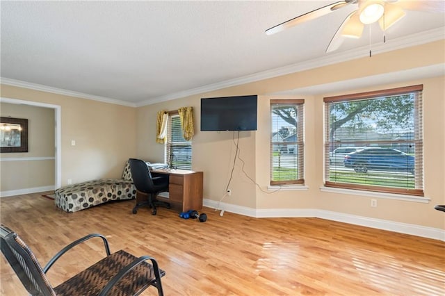 office featuring hardwood / wood-style floors, ceiling fan, and crown molding