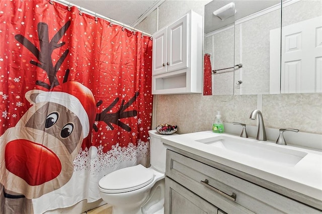 bathroom featuring decorative backsplash, curtained shower, toilet, and vanity