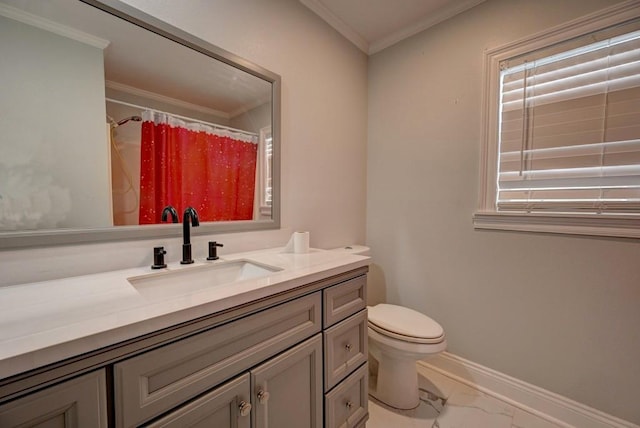 108 Pellegrin St, Chauvin, LA 70344 - bathroom featuring crown molding, toilet, vanity, and walk in shower