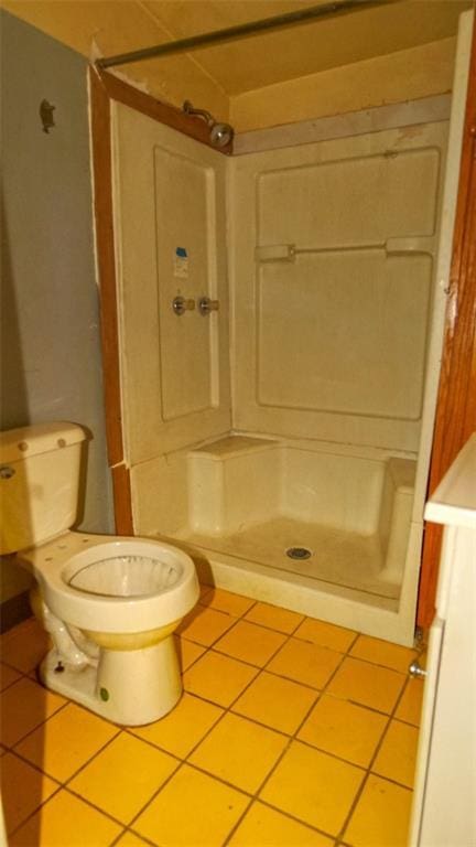 bathroom with walk in shower, tile patterned floors, and toilet