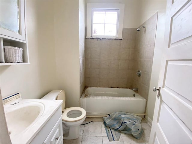 bathroom with  shower combination, tile patterned flooring, toilet, and vanity