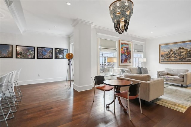 living room with crown molding and dark wood-type flooring