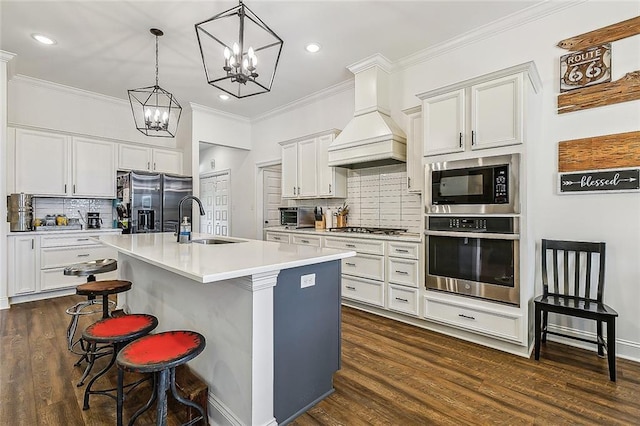 kitchen featuring appliances with stainless steel finishes, custom exhaust hood, a sink, and dark wood finished floors