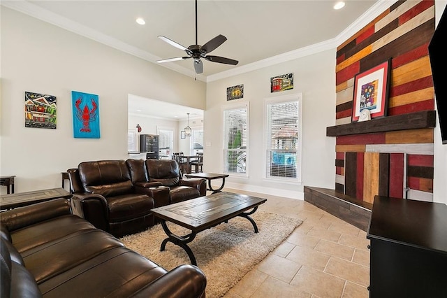 tiled living room with crown molding and ceiling fan