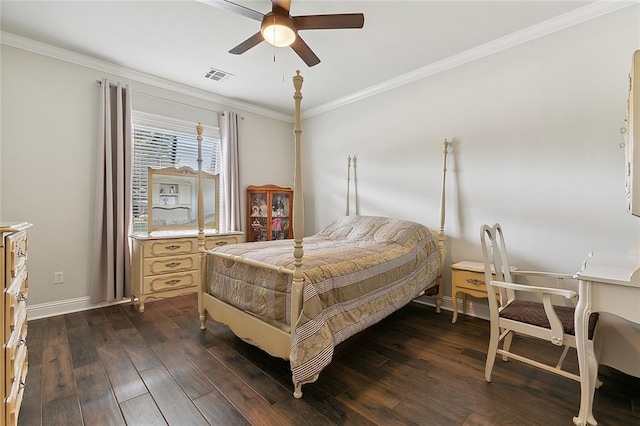 bedroom with ornamental molding, dark hardwood / wood-style floors, and ceiling fan