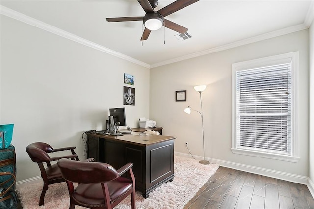 office with ornamental molding, dark wood-type flooring, and ceiling fan