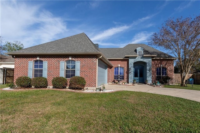 view of front facade with a front yard and a garage