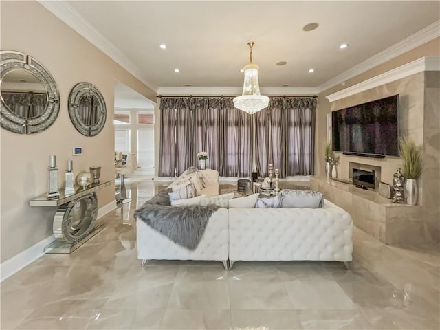 living room with a chandelier and crown molding