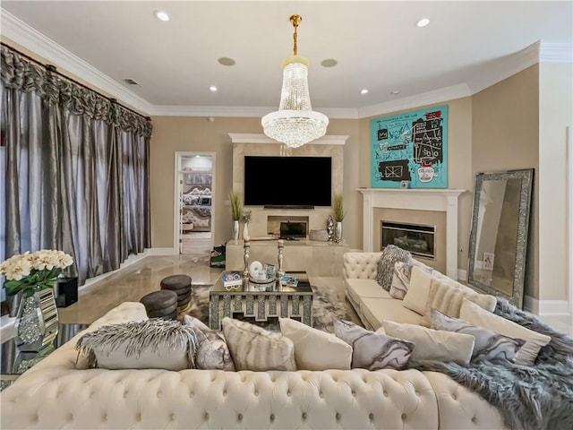 living room with a chandelier and crown molding