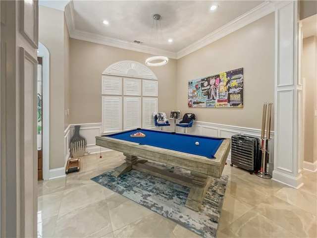 recreation room with ornamental molding and billiards