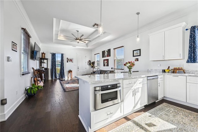 kitchen featuring kitchen peninsula, stainless steel appliances, a raised ceiling, and white cabinetry