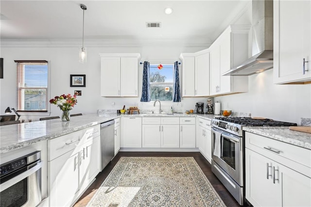 kitchen with wall chimney exhaust hood, sink, white cabinetry, and stainless steel appliances