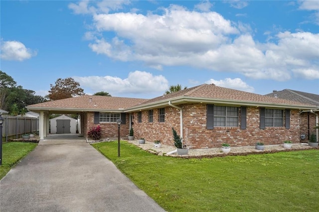 ranch-style home with a front lawn and a storage shed