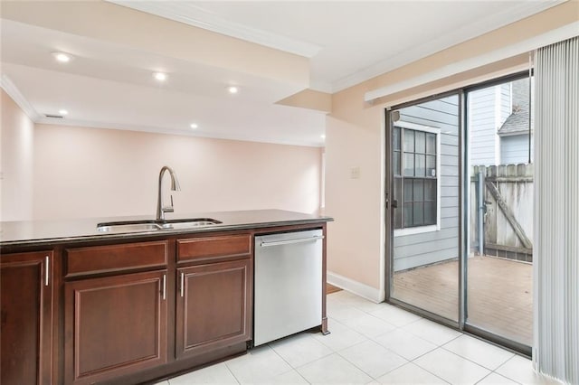 kitchen with dishwasher, sink, light tile patterned floors, and ornamental molding