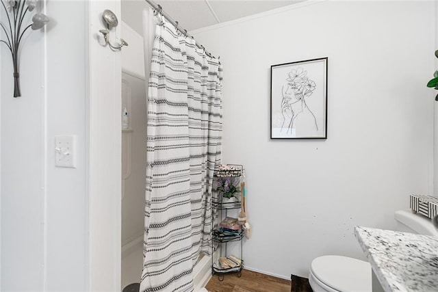 bathroom with a shower with shower curtain, wood-type flooring, vanity, and toilet