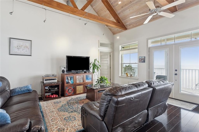 living room with wooden ceiling, high vaulted ceiling, ceiling fan, beam ceiling, and dark hardwood / wood-style flooring