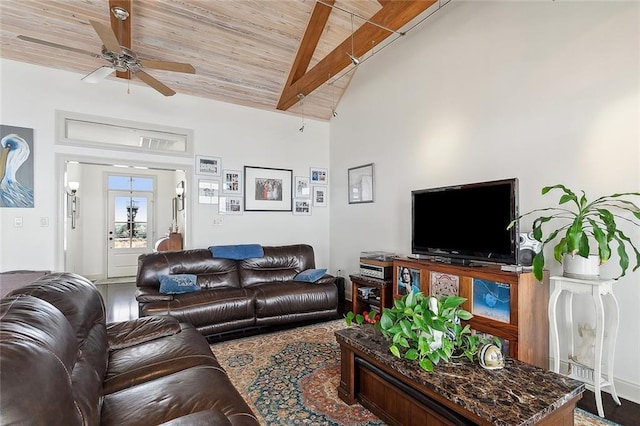 living room featuring lofted ceiling with beams, ceiling fan, and wood ceiling