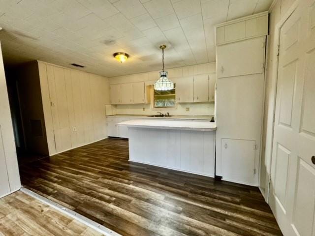 kitchen with dark hardwood / wood-style flooring, hanging light fixtures, and sink