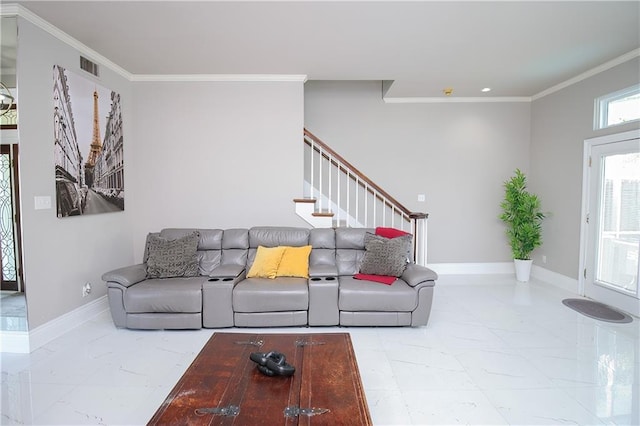 living room with ornamental molding