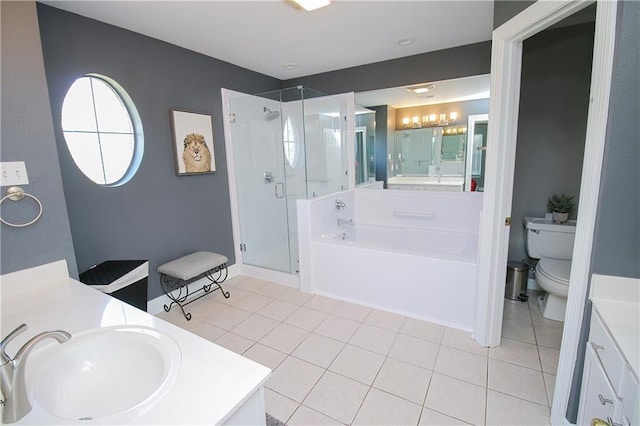 full bathroom featuring tile patterned flooring, vanity, toilet, and plus walk in shower