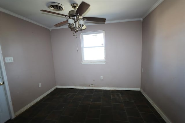 empty room with ceiling fan and crown molding