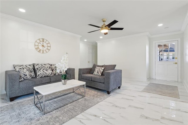 living room featuring ceiling fan and ornamental molding