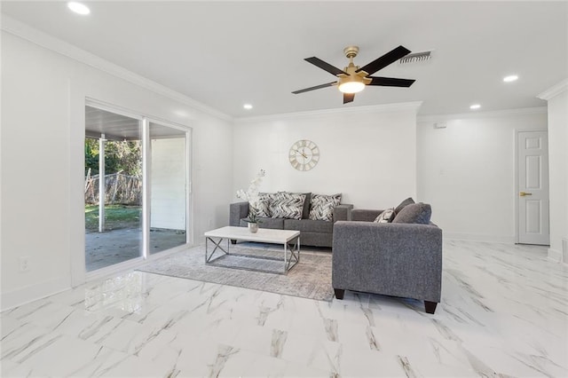 living room with ceiling fan and ornamental molding