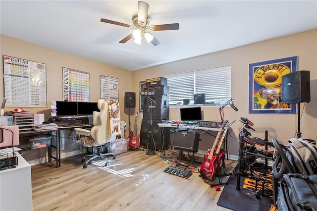 office area featuring ceiling fan and light hardwood / wood-style flooring