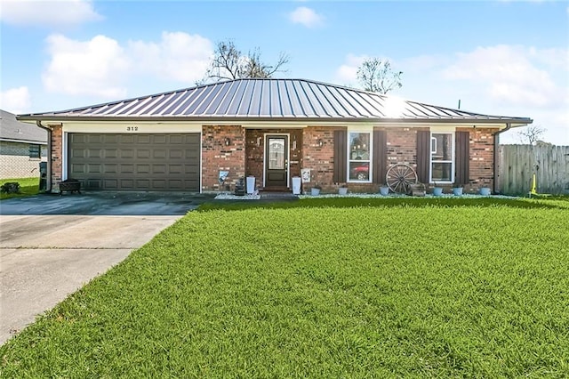 ranch-style home with a garage and a front lawn