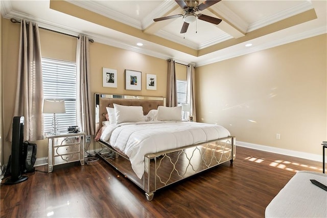 bedroom with ceiling fan, coffered ceiling, beamed ceiling, dark hardwood / wood-style floors, and crown molding