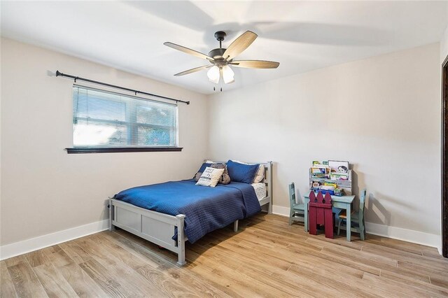 bedroom with ceiling fan and light wood-type flooring