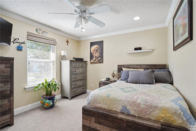 bedroom featuring carpet, ceiling fan, crown molding, and a textured ceiling