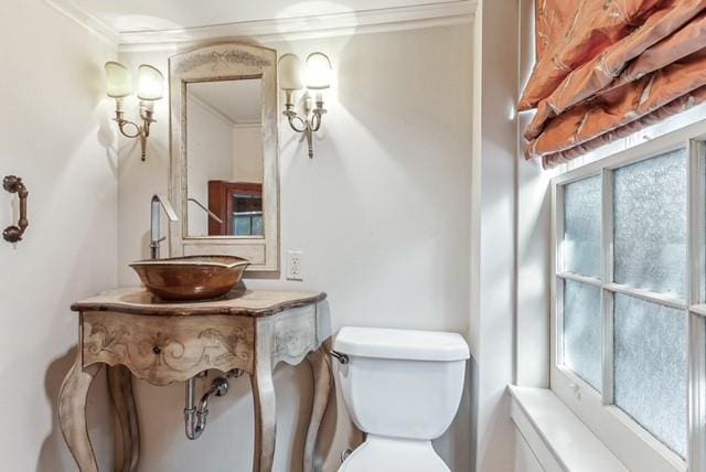 bathroom with toilet, ornamental molding, sink, and a wealth of natural light