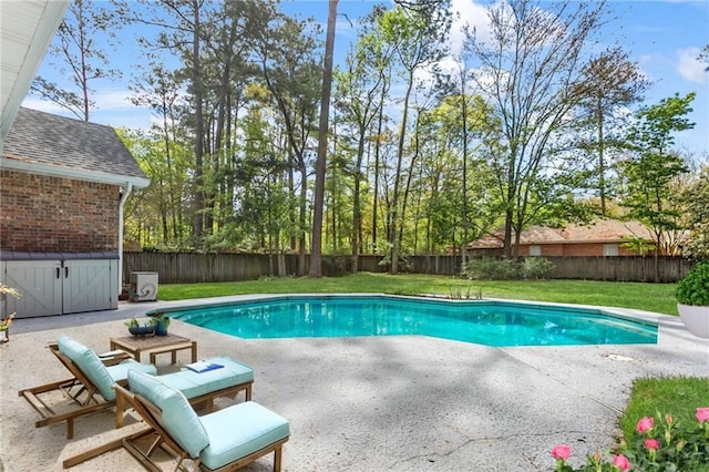 view of swimming pool featuring a lawn and a patio area