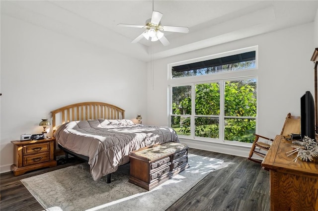 bedroom featuring a raised ceiling, ceiling fan, and dark wood-type flooring