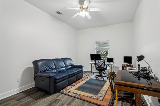 office with ceiling fan and dark wood-type flooring