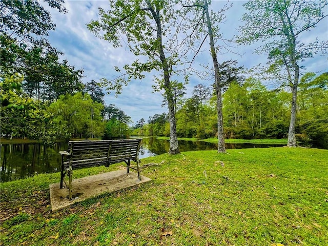 view of community with a lawn and a water view