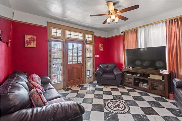 living room with ceiling fan