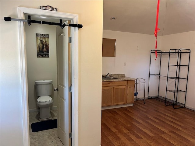 bathroom featuring baseboards, vanity, toilet, and wood finished floors