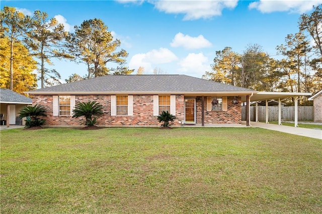 ranch-style home with a carport and a front yard