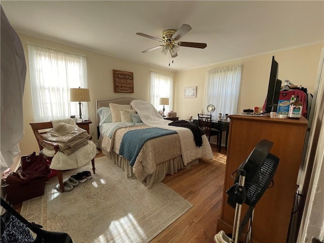 bedroom featuring ceiling fan, light hardwood / wood-style floors, ornamental molding, and multiple windows