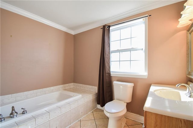 bathroom with a healthy amount of sunlight, vanity, tile patterned floors, and ornamental molding