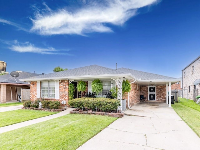 single story home featuring a front lawn and a carport