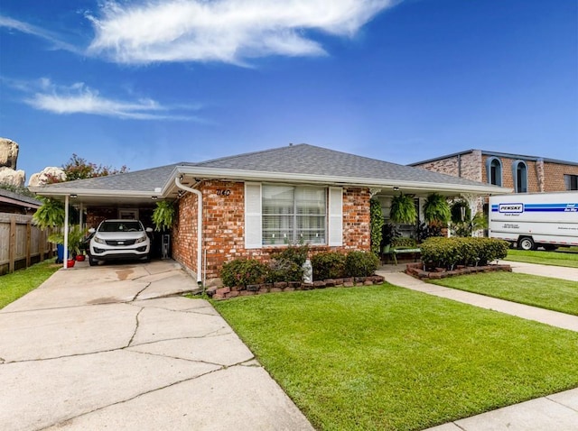 single story home featuring a carport and a front yard