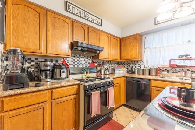 kitchen featuring light tile patterned floors, black dishwasher, decorative backsplash, range with gas stovetop, and sink