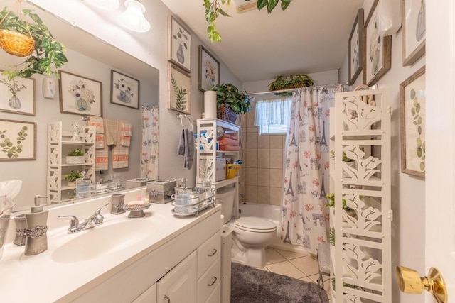 full bathroom featuring toilet, shower / bath combination with curtain, tile patterned floors, and vanity