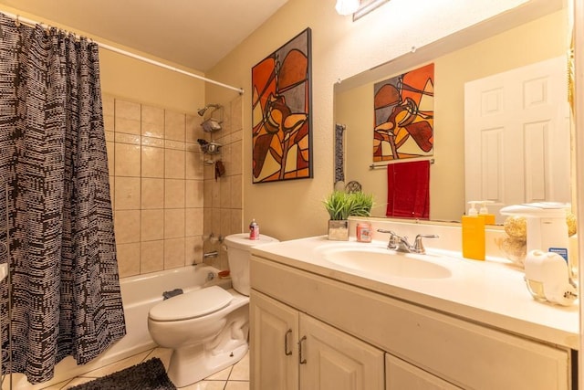 full bathroom featuring toilet, vanity, shower / bathtub combination with curtain, and tile patterned flooring