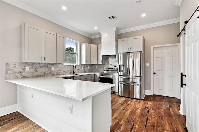 kitchen with sink, appliances with stainless steel finishes, kitchen peninsula, a barn door, and backsplash