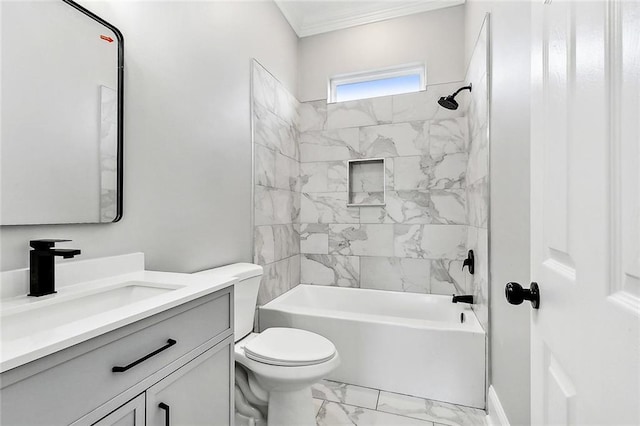 full bathroom featuring vanity, tiled shower / bath combo, crown molding, and toilet